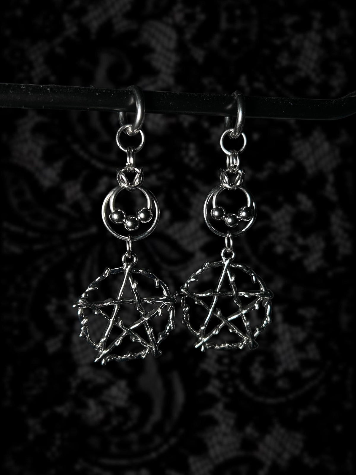 Silver gothic earrings with chain details, hexbound-the-ruin-collection